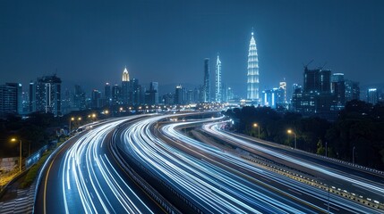 Poster - Electrifying Futuristic City Skyline at Night with High Speed Traffic Trails on the Highways and Roads Illuminated by Skyscrapers and Glowing Lights Creating a Vibrant Dynamic