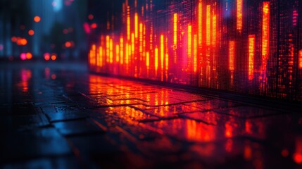Poster - Vibrant urban scene with glowing light patterns reflecting on wet pavement at night