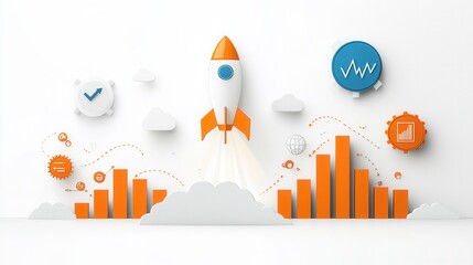 Poster - Elegant and dynamic graphic design representing the theme of startup growth financial progress and data driven decision making  The features a rocket launch symbolizing new ventures