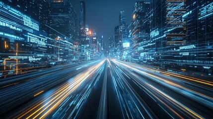 Poster - High speed futuristic highway cutting through a dazzling neon lit cityscape at night  Blurred motion of traffic streams skyscrapers and illumination create a dynamic technological atmosphere