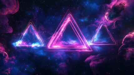 Fototapete - Vibrant cosmic scene featuring glowing triangles amidst a colorful nebula backdrop