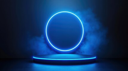 Poster - Futuristic Podium with Holographic Display Emitting a Blue Glow in a Dramatic Environment