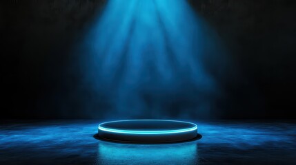 Poster - Futuristic Hologram Podium Emitting Blue Glow in Dramatic Lighting Environment