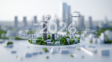 Poster - Floating architectural model of a futuristic city with modern skyscrapers global clock and spherical elements showcasing a vision for the year 2026  The cityscape features innovative sustainable