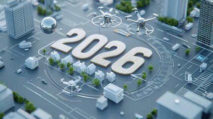 Poster - Futuristic Architectural Model of a Visionary City Skyline for 2026 with Innovative Skyscrapers Infrastructure and Sustainable Urban Design Elements