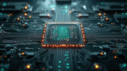 Poster - Futuristic intelligence and deep learning system represented by an intricate glowing circuit board design with geometric patterns illuminated electronic components and interconnected data pathways