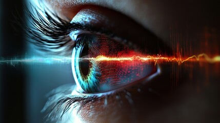 Poster - eye visualizing sound waves, expressing sonic vibrations and auditory perception, revealing a striking interplay light and color.