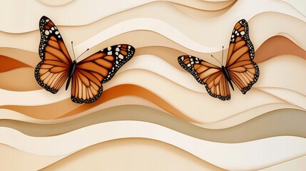 Fototapete - Two intricately designed butterflies on a flowing abstract background with warm tones