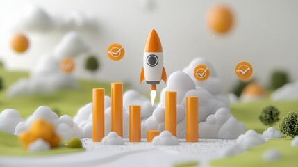 Poster - Futuristic business launch concept featuring a rocket takeoff against a scenic landscape with clouds mountains and a digital abstract style  Represents the ideas of startup success innovation growth