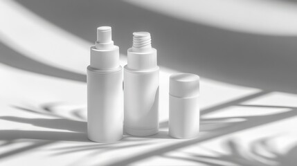 Poster - three minimalist white cosmetic bottles arranged artistically on a shadowed surface with soft lighti