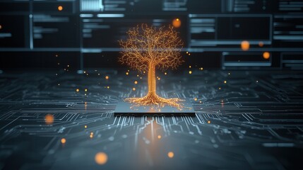 Poster - Futuristic Cybernetic Brain Tree with Luminous Orange Fractal Glow and Sparks of Energy   Surreal Digital Depicting the Convergence of Technology and Nature Symbolizing Adaptation