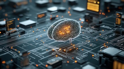 Poster - Futuristic cybernetic consciousness depicting an interconnected digital network system with circuitry data flow and technological innovation  The image represents the concept of global intelligence