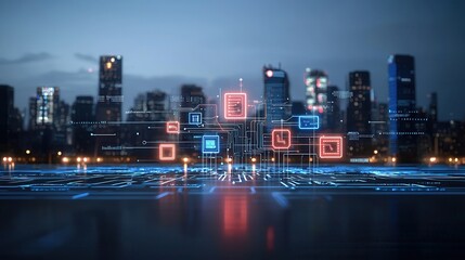 Poster - Futuristic smart city skyline illuminated by a glowing digital infrastructure of neon lights skyscrapers and interconnected data networks at night  A concept of the future of urban development