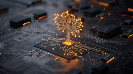 Poster - Futuristic digital artwork featuring a captivating glowing golden circuitry in an abstract geometric design symbolizing the advanced technology and innovation of the digital age