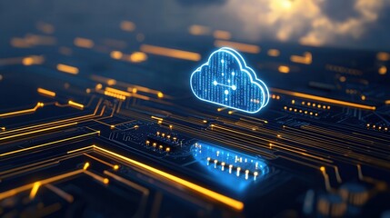 Poster - Futuristic digital cloud computing concept featuring a glowing circuit board background with a floating cloud icon  Representing the power of cloud technology data storage