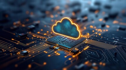 Poster - Futuristic digital cloud computing concept featuring a glowing digital circuit board with data connections and geometric patterns  Represents the power of cloud technology data storage processing