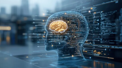 Poster - Futuristic digital showcasing a human head with an interconnected brain visualization  Depicting the concept of intelligence neural networks