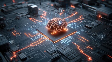 Poster - Futuristic digital depicting an intricate and luminous brain fuse with interconnected circuits pulsing with dynamic energy and power  The image represents the advanced intelligent