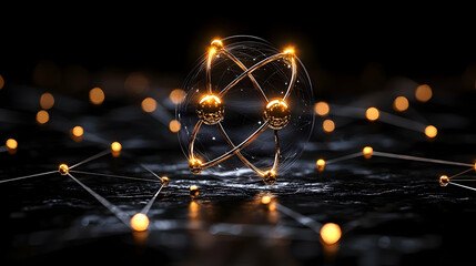 Poster - Glowing Golden Atom Model on Dark Background