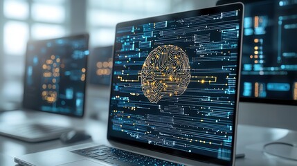 Poster - Futuristic digital depicting an advanced intelligence cybernetic brain and data processing system showcasing the innovative future of learning and digital intelligence