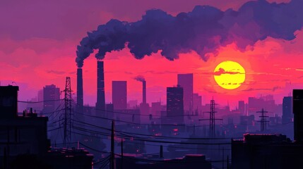 Poster - vibrant sunset over a city skyline with industrial smokestacks and power lines