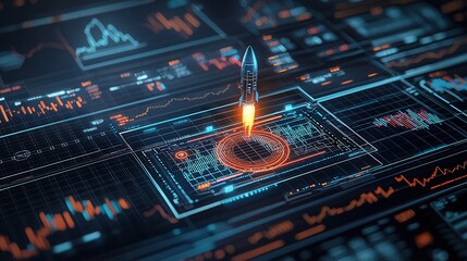 Poster - futuristic digital rocket launch scene featuring a cutting edge financial data analytics dashboard f