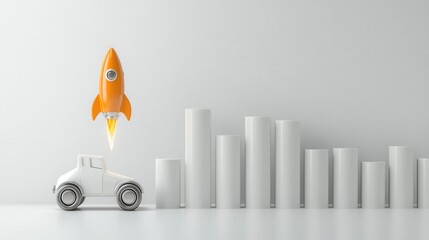 Poster - Futuristic financial success representation with a rocket ship and data visualization graphs symbolizing growth progress and technological innovation in the business and financial sectors