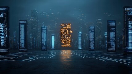 Poster - A futuristic neon lit cyber city skyline bustling with towering skyscrapers and a luminescence that creates a visionary technological atmosphere  The scene showcases a modern
