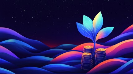 Poster - vibrant digital landscape featuring a plant growing from stacks of coins under a starry sky