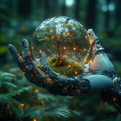 Poster - Futuristic robotic hand gently holding a transparent glowing sphere within a captivating forest landscape  The sphere emits a mesmerizing ethereal light creating a dreamlike otherworldly atmosphere