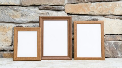 Poster - Vintage Empty Photo Frames Leaning Against Stone Wall in Natural Light Setting