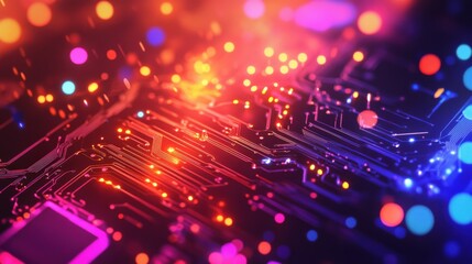 Poster - Vibrant close-up of a circuit board with colorful lights, showcasing technology in a digital environment