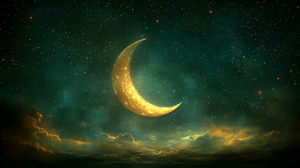 Wall Mural - golden crescent moon and starry night sky