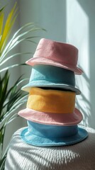 Aufkleber - In a cozy space filled with natural light, four soft hats in pastel shades of pink, blue, yellow, and aquamarine are playfully stacked. Their bright colors create an inviting atmosphere