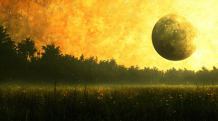 Wall Mural - golden hour landscape with large moon and starry sky