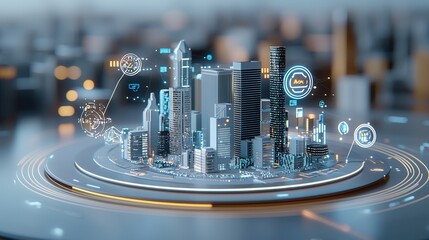 Poster - Highly detailed 3D rendered image of a futuristic smart city skyline featuring an array of modern skyscrapers interconnected transportation systems