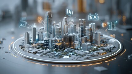 Poster - Highly detailed and futuristic 3D rendered image of a smart city skyline featuring innovative skyscrapers digital infrastructure and a vibrant illuminated landscape