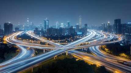 Poster - Aerial view of a high speed futuristic transportation hub with multiple levels of highways overpasses and interchanges surrounded by a vibrant modern cityscape at night