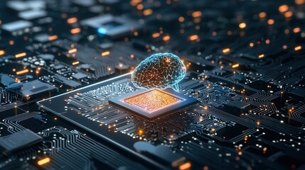 Poster - Futuristic digital technology and intelligence evolution representation featuring a glowing microchip and circuit board background with a symbolic high tech and modern aesthetic