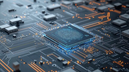 Poster - High tech evolution representation featuring a futuristic circuit board and microchip design with intricate metallic grid patterns interconnected electronic components and advanced digital technology