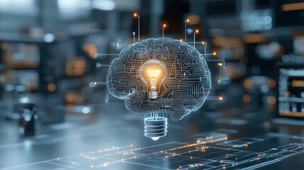 Poster - high tech intelligence brain with glowing lightbulb concept futuristic digital circuit board design 