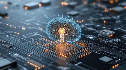 Poster - Futuristic intelligence concept featuring a digital circuit board with glowing microchips and a 3D visualization of a brain symbolizing the power of technology innovation