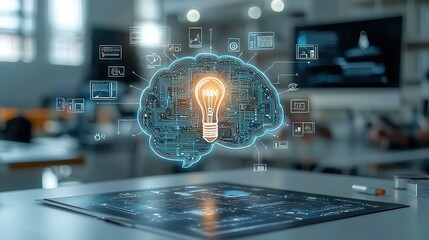 Poster - innovative intelligence and high tech concept featuring a glowing brain and light bulb symbol repres