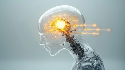 Poster - Striking digital image depicting a glowing high tech intelligence headshot surrounded by a burst of radiant energy and futuristic light symbolizing the power of innovation technology