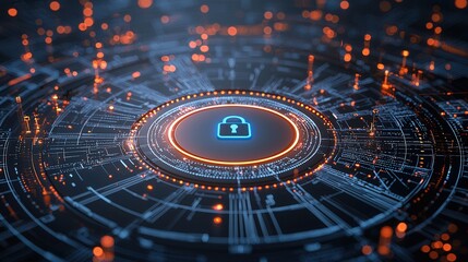 Poster - High Tech Cyber Defense System Representing Digital Security and Network Protection   A futuristic digital interface showcasing advanced cybersecurity measures and data protection technology