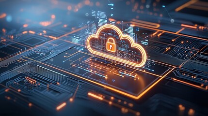 Poster - Futuristic cybersecurity visualization showcasing radiant cloud data protection digital intelligence and electronic programming within a high tech network infrastructure and interface