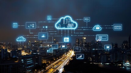 Poster - Futuristic nighttime cityscape with illuminated cloud based network infrastructure and smart city technology  Skyscrapers and highways are lit up in a high tech cyberpunk inspired urban environment