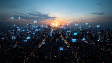 Poster - Breathtaking high tech futuristic cityscape with a glowing skyline illuminated at night showcasing the advanced smart city technology and infrastructure of a modern connected metropolis of the future
