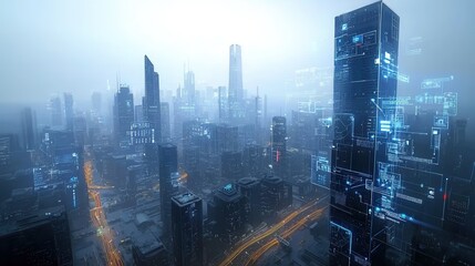 Poster - Futuristic and high tech cityscape with illuminated skyscrapers and towers at night  Glowing neon lights and digital atmosphere create a modern innovative and technological urban scene
