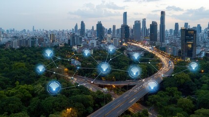 Poster - Futuristic high tech cityscape featuring luminous skyscrapers advanced transportation networks and a digitally enabled urban landscape symbolizing progress innovation